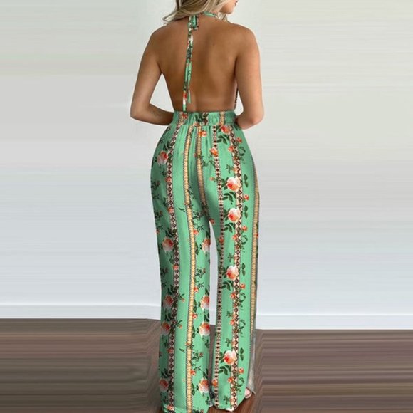 Summer Women Jumpsuits Outfits Tropical Print Halter V Neck Jumpsuit - Picture 3 of 5